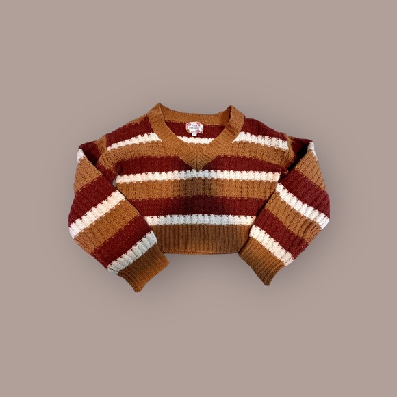 Pink Republic Sweaters - Pink Republic XS Cropped Sweater Women Brown Retro BoHo Striped‎ V-Neck Knit